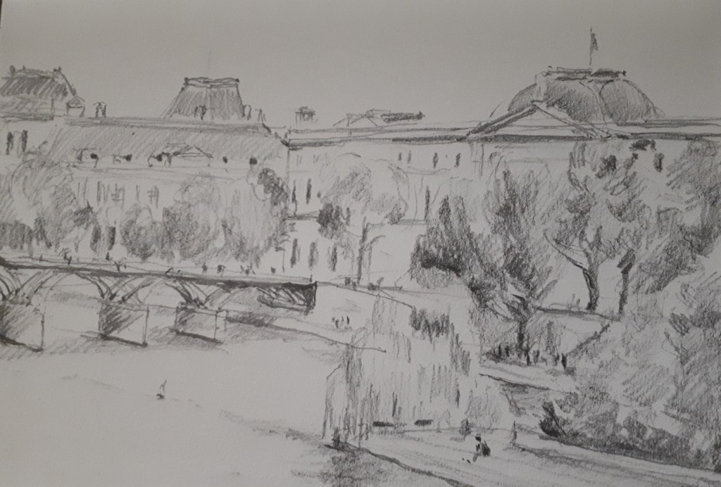 A pencil sketch of a river scene featuring a bridge and historic buildings along the bank, with trees and people visible along the waterfront.