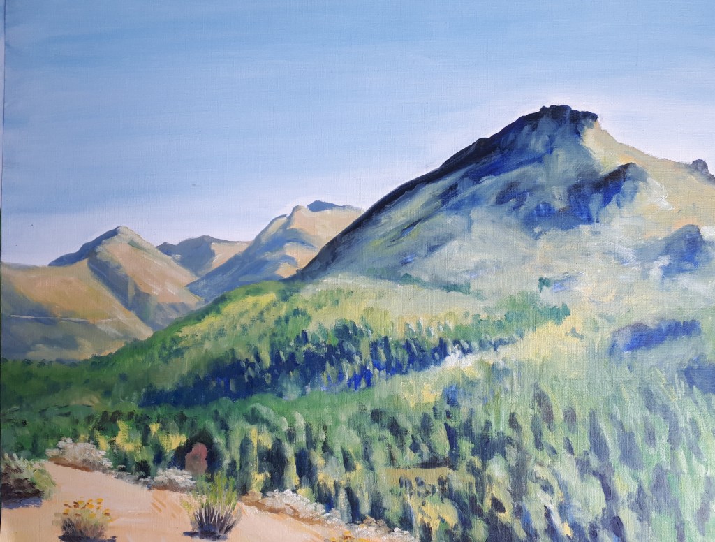 A colorful landscape painting depicting green hills and mountains under a clear blue sky.