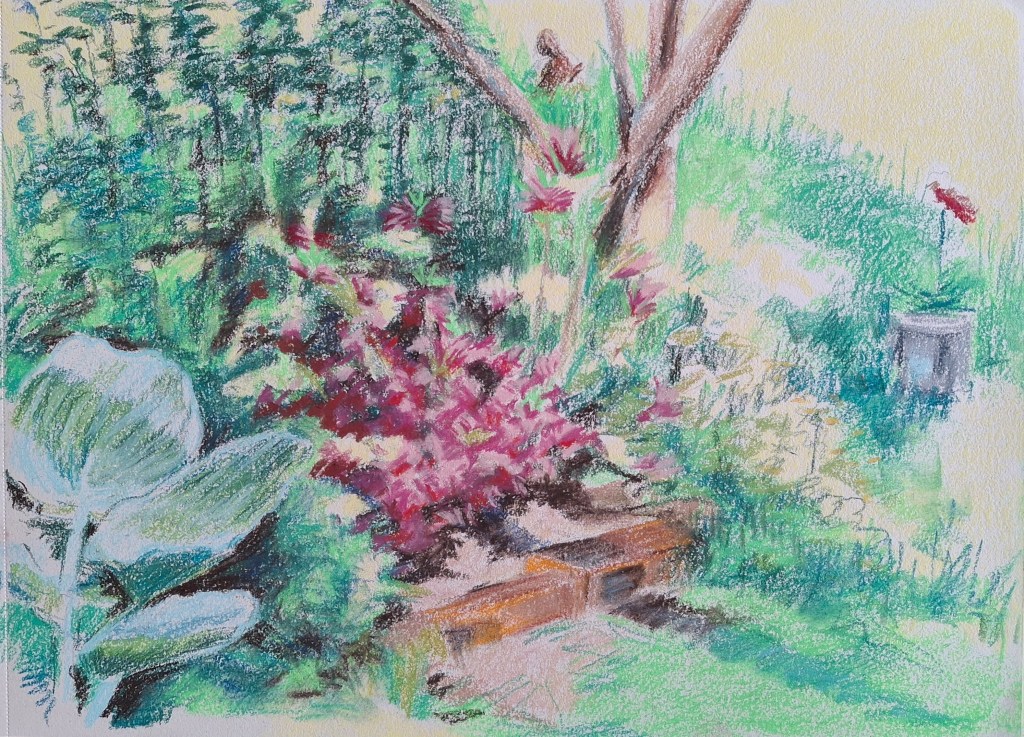 A vibrant garden scene featuring colorful flowers with lush greenery and a brick pathway.