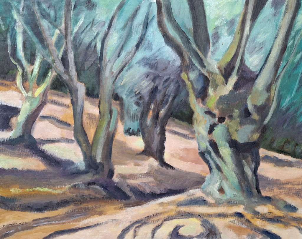 Tableau représentant des arbres aux formes stylisées et aux couleurs pastel, suggérant un paysage serein.