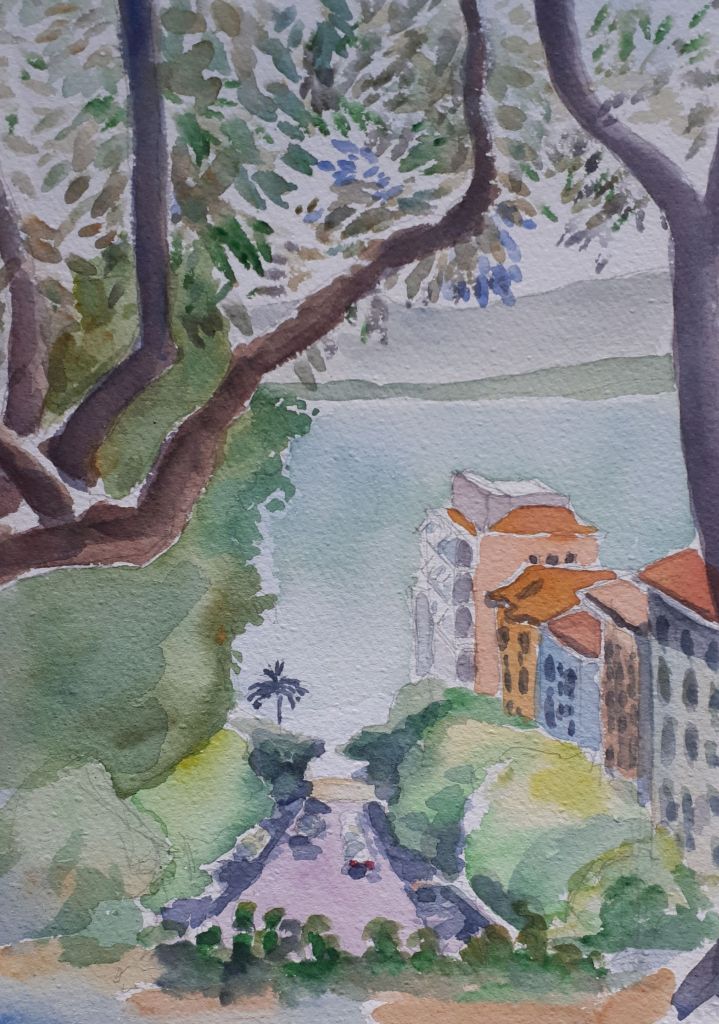 A watercolor painting depicting a view from above, featuring a winding road, buildings with orange roofs, and lush greenery, leading towards a body of water in the background.
