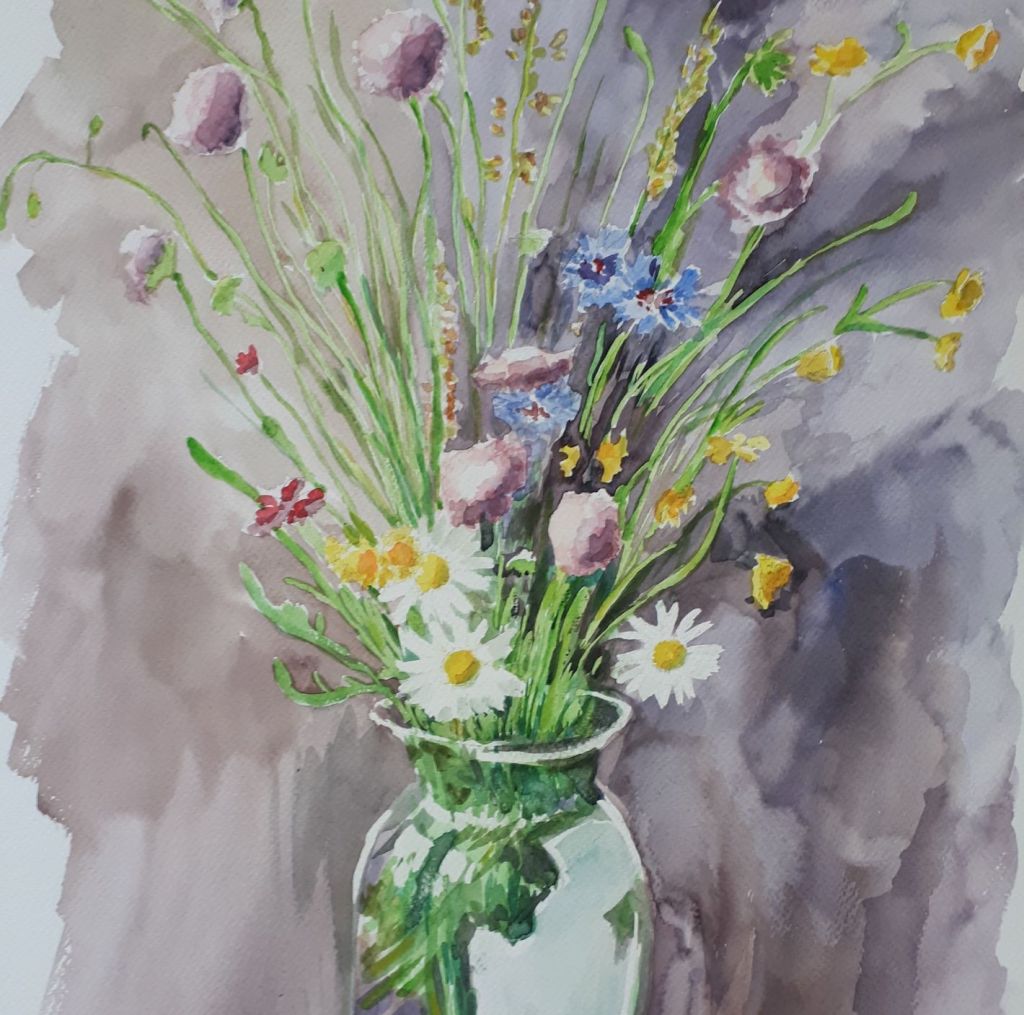 A watercolor painting of a vase filled with a variety of colorful wildflowers, including daisies and purple flowers, set against a soft gray background.