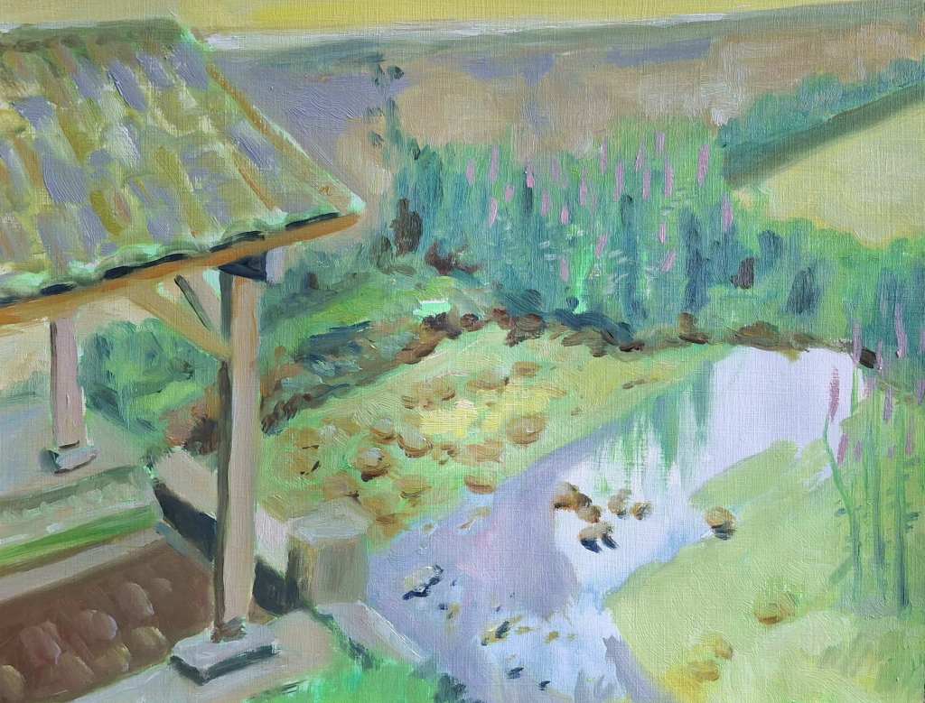 A landscape painting depicting a tranquil scene with a small stream, lush greenery, and a traditional roof structure in the foreground.
