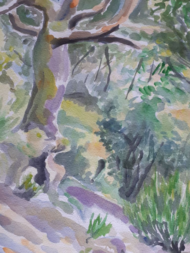 Peinture aquarelle d'un arbre et d'un paysage Verdoyant.