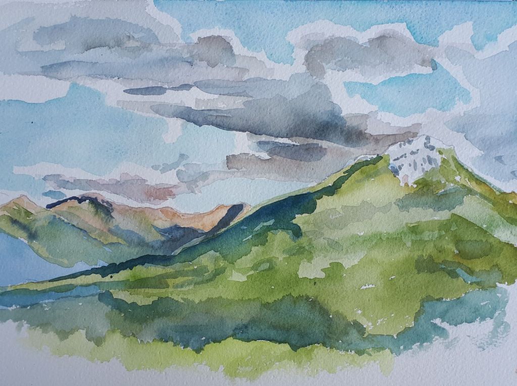 A watercolor painting depicting green mountains under a partly cloudy sky with hints of sunlight.