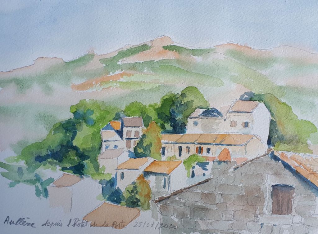 A watercolor painting depicting a scenic view of a village nestled among hills, featuring buildings with orange rooftops and lush greenery.