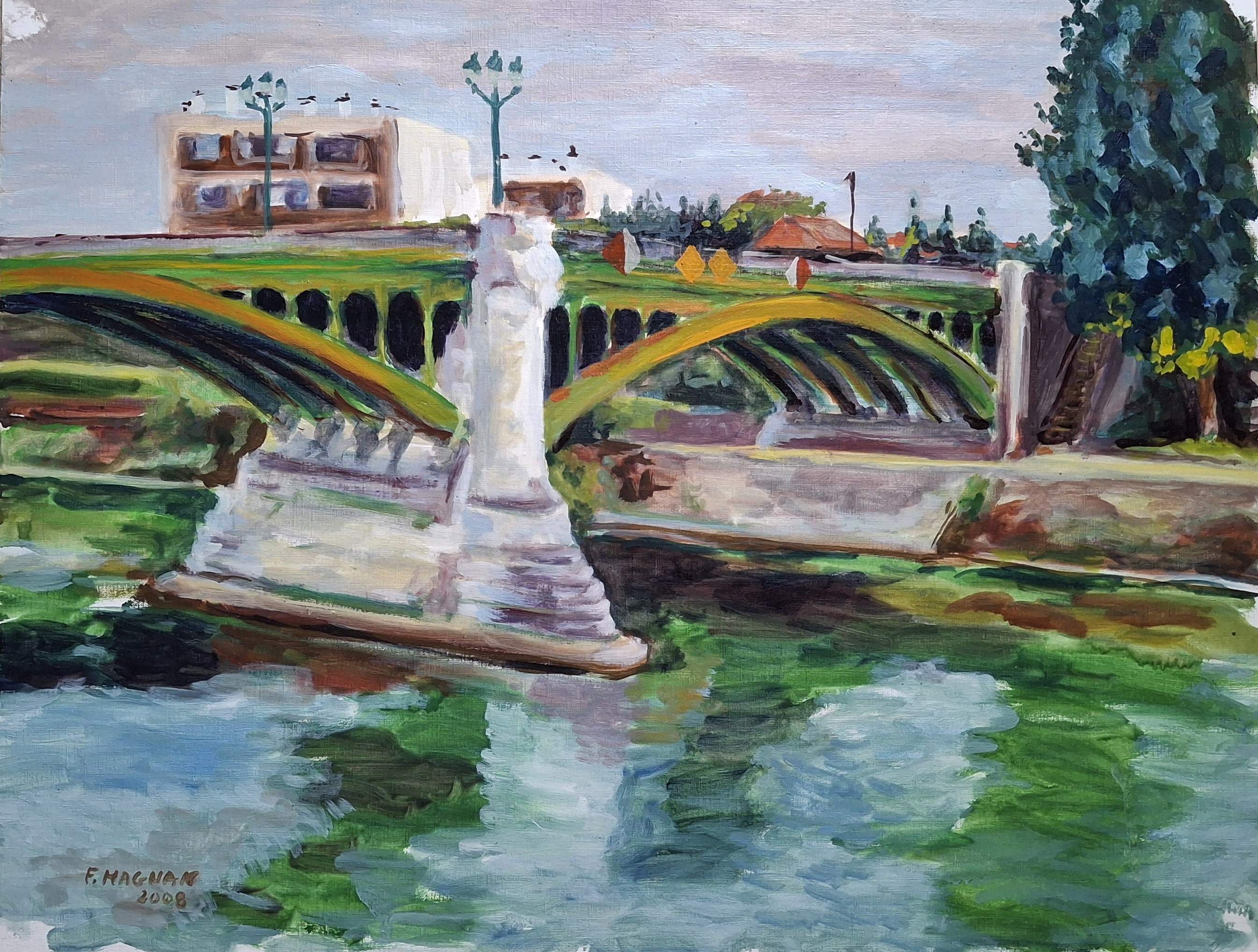 A vibrant painting of a bridge with a stone pillar, reflecting in a greenish river, surrounded by trees and buildings in the background.