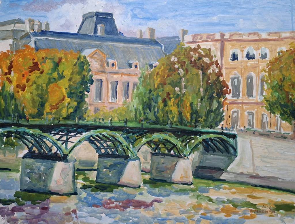 Peinture d'un pont avec des arches vertes au-dessus d'une rivière, entouré d'arbres aux feuillages dorés, avec des bâtiments historiques en arrière-plan.