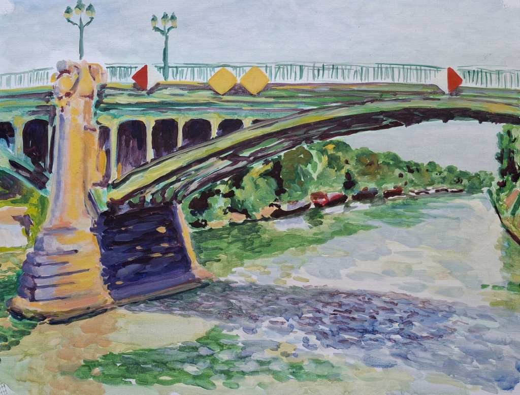 A colorful painting of a bridge over a river, featuring green foliage along the water and road signs on the bridge.