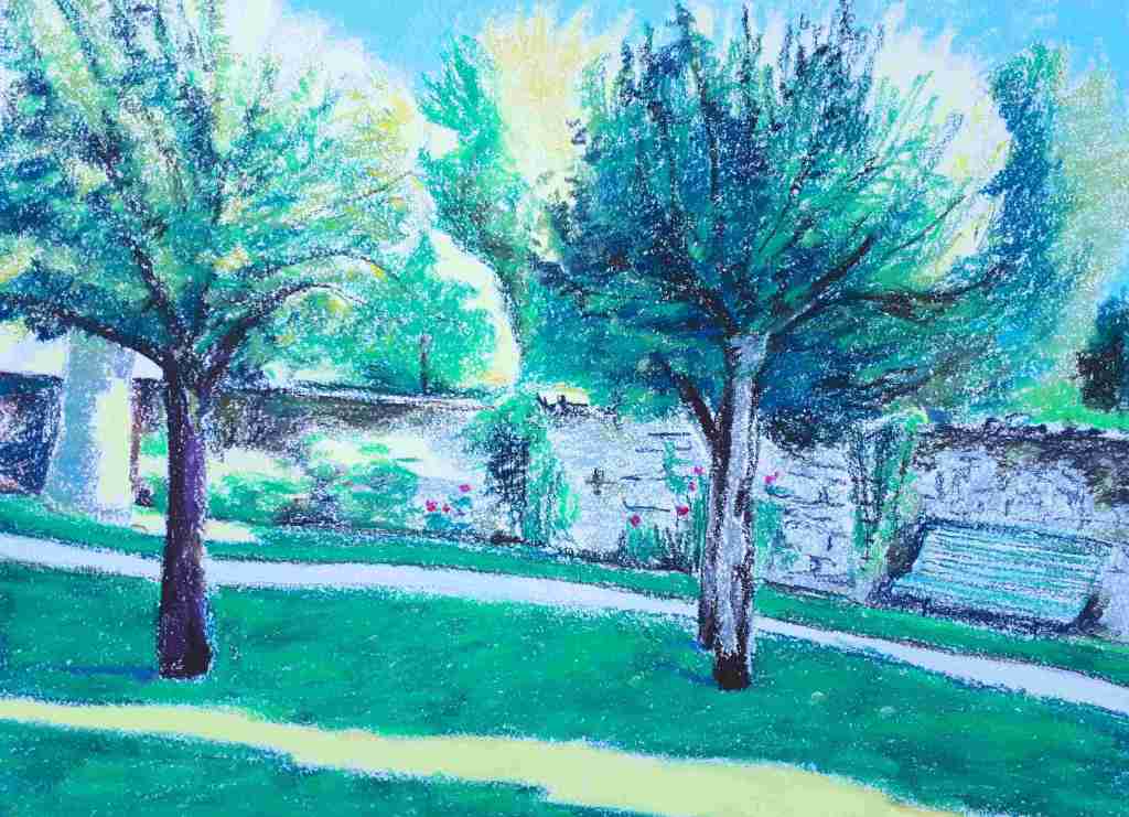 A vibrant pastel landscape featuring two trees in a green park, with a winding path and a stone wall in the background.