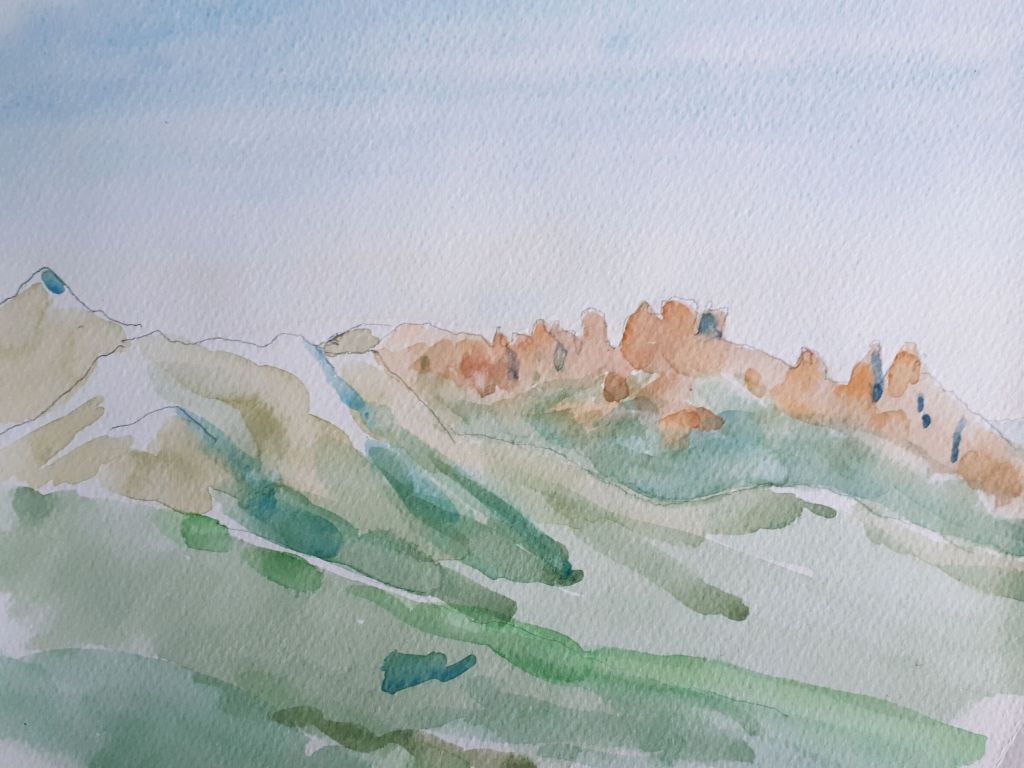 A watercolor painting depicting soft green hills and rocky formations under a light blue sky.