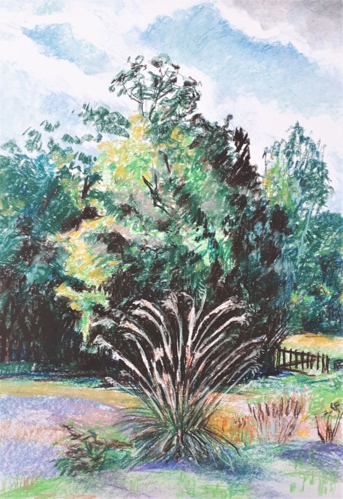 A colorful pastel landscape featuring a tall plant in the foreground, surrounded by lush greenery and trees, under a partly cloudy sky.