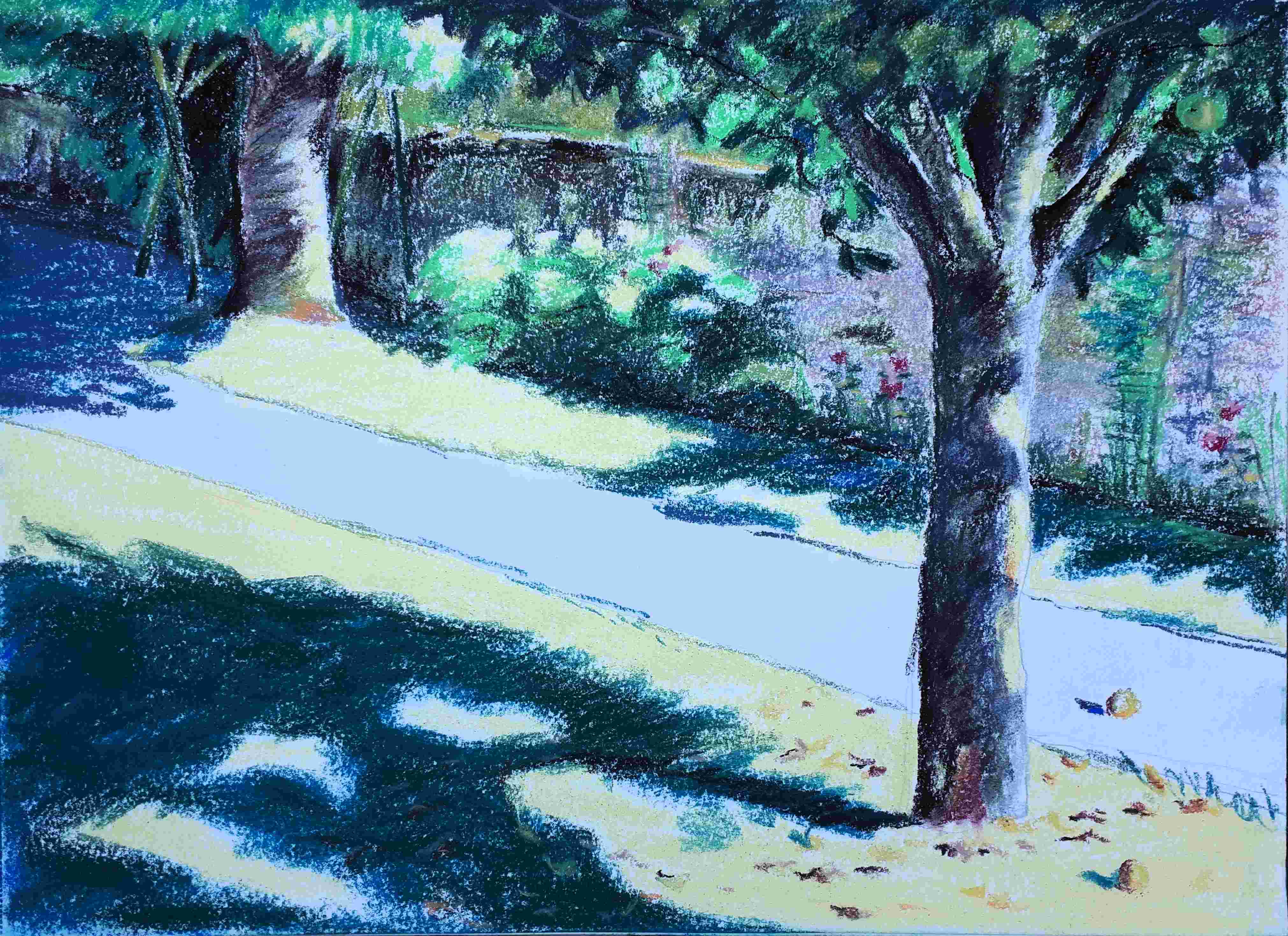 A pastel drawing depicting a tree and a pathway illuminated by sunlight, surrounded by greenery and shadows.