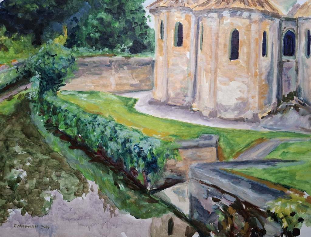 A serene landscape painting featuring a round stone building surrounded by lush greenery and a path, reflecting in a calm water surface.