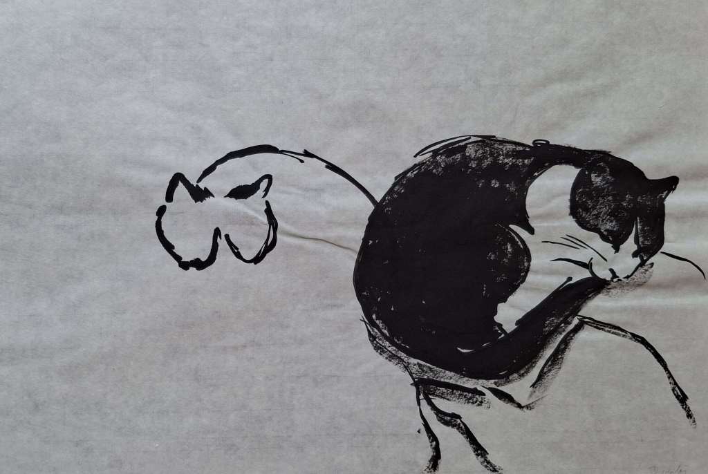 A minimalist ink drawing of a cat curled up, grooming itself, with a second cat's head faintly outlined in the background.