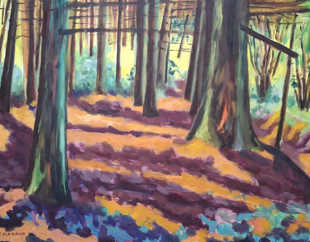A colorful painting of a forest scene, featuring tall trees with shadows and vibrant colors on the ground, depicting a serene and atmospheric environment.