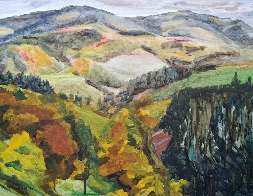 A vibrant landscape painting depicting rolling hills with a mix of green, yellow, and brown foliage under a cloudy sky.