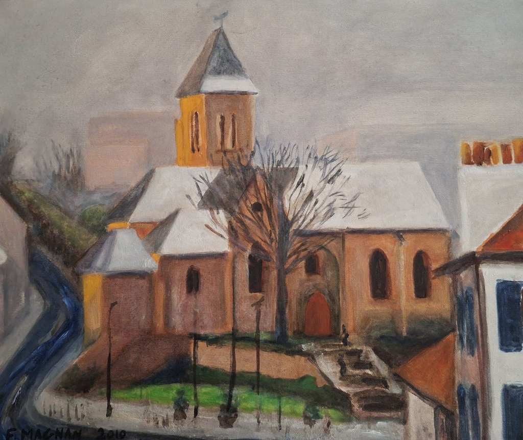 A winter landscape featuring a church with a bell tower, surrounded by bare trees and a winding path. The scene is painted in soft, muted colors, capturing a serene, snowy atmosphere.