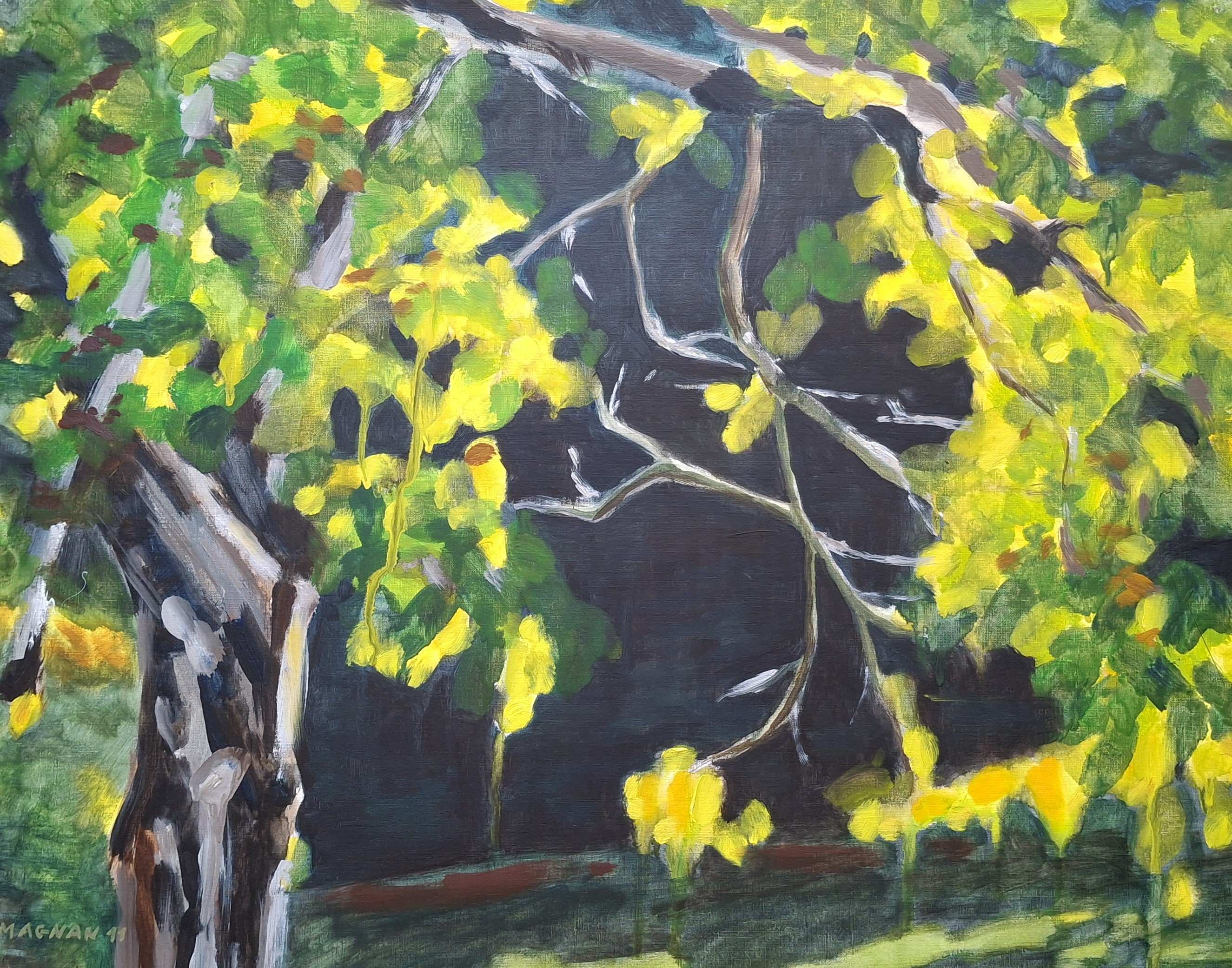 A close-up depiction of a tree branch with vibrant yellow leaves against a dark background, showcasing the interplay of light and shadow.