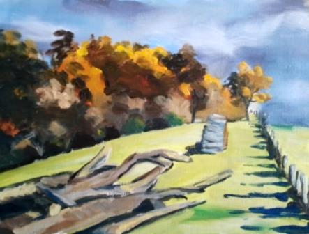 A landscape painting featuring a grassy path lined with wooden logs, leading towards colorful trees in autumn under a cloudy sky.