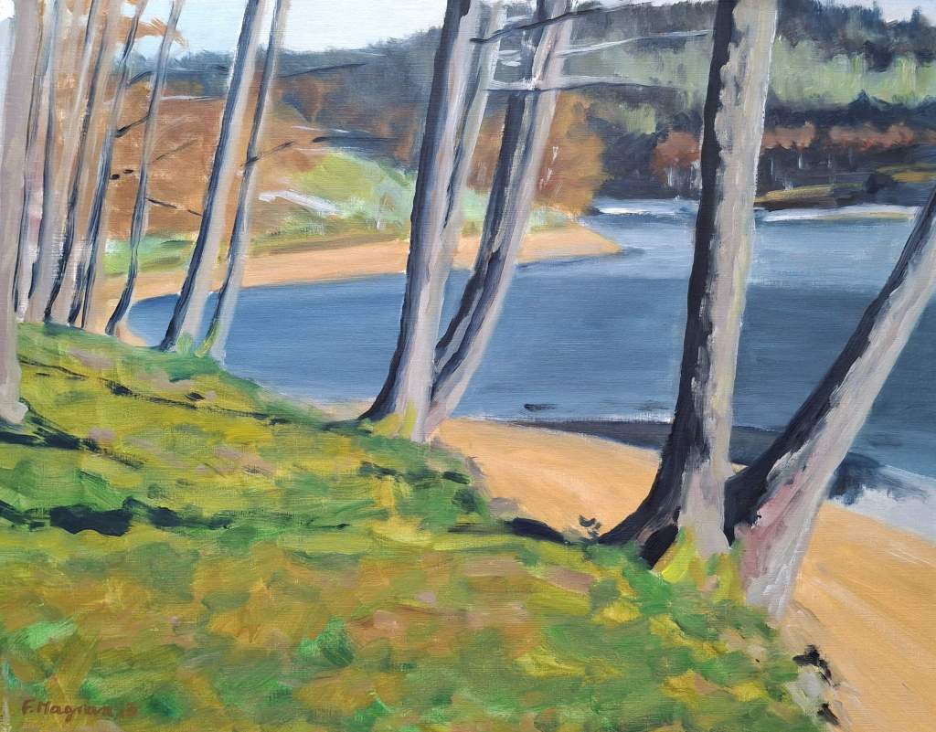 A landscape painting depicting a serene riverbank with trees lining the shore, green grass, and a gentle curve of the waterway in the background.