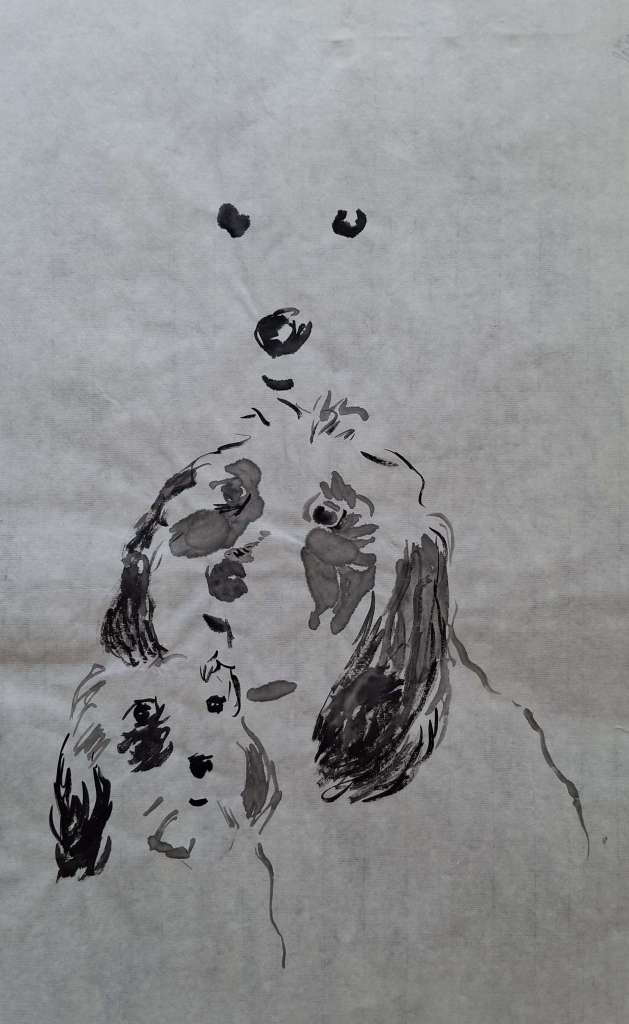 A hand-drawn ink illustration of two dogs, one larger and one smaller, with expressive features.