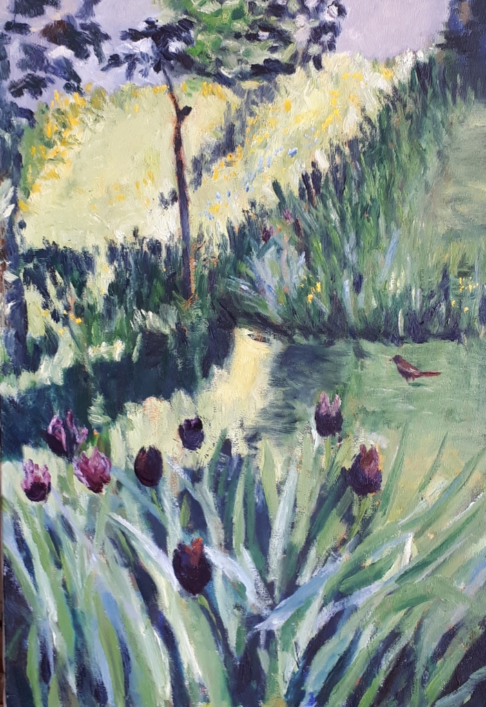 A colorful oil painting depicting a lush garden filled with blooming tulips in various shades, greenery, and a small bird in the background.