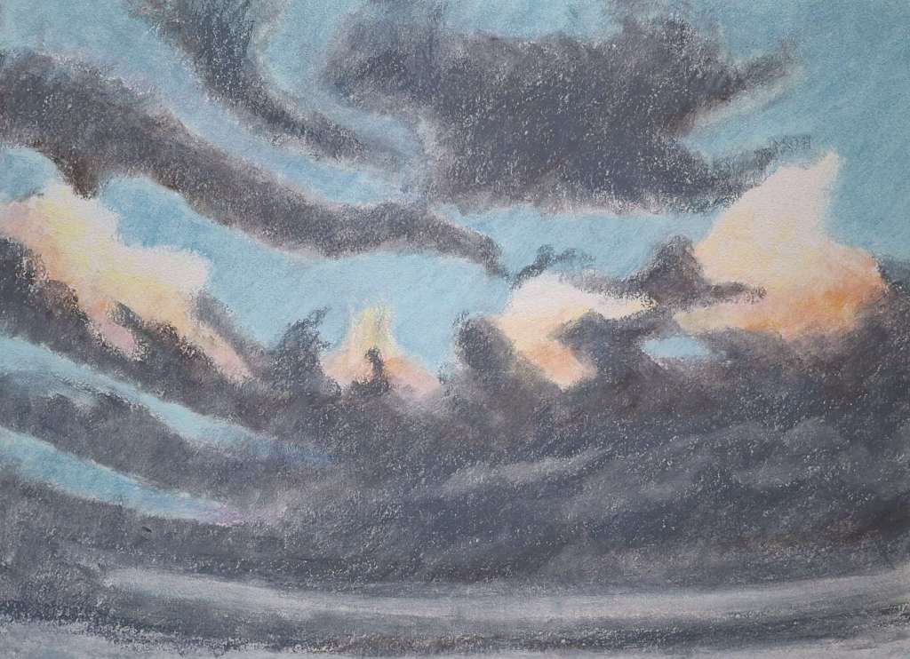Pastel drawing of a cloudy sky featuring shades of blue, gray, and hints of orange.