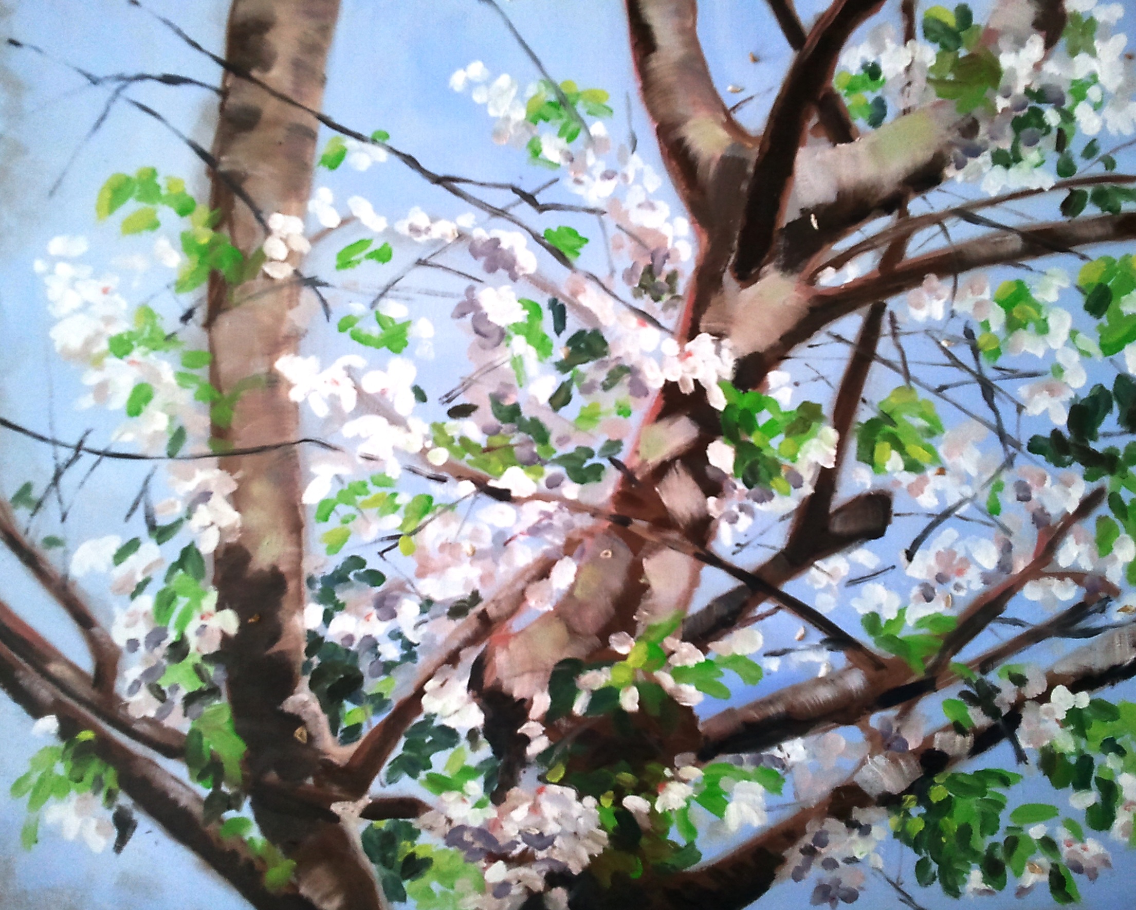 Painting of a tree with pink and white blossoms against a blue sky, featuring green leaves and brown branches.