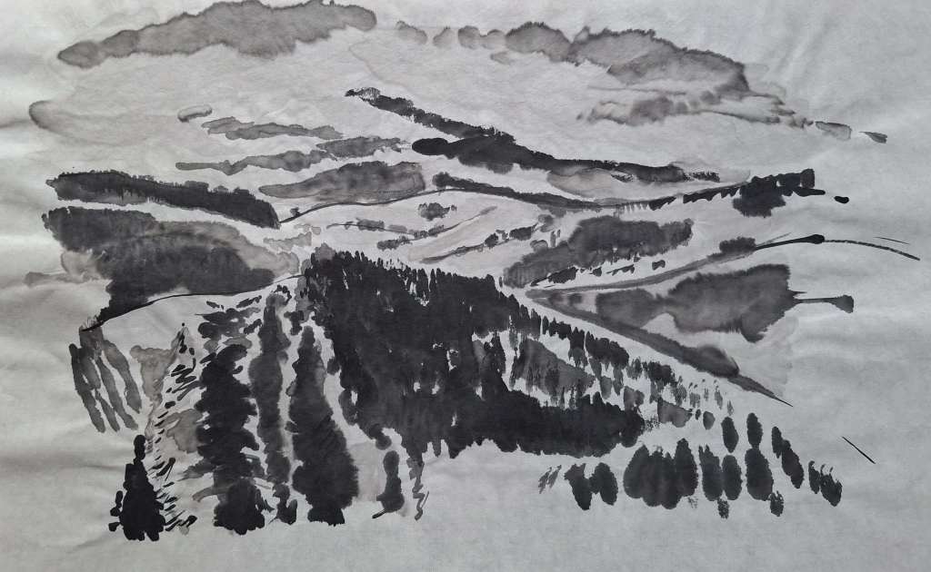 A monochromatic watercolor landscape featuring rolling hills, dense forests, and a cloudy sky.