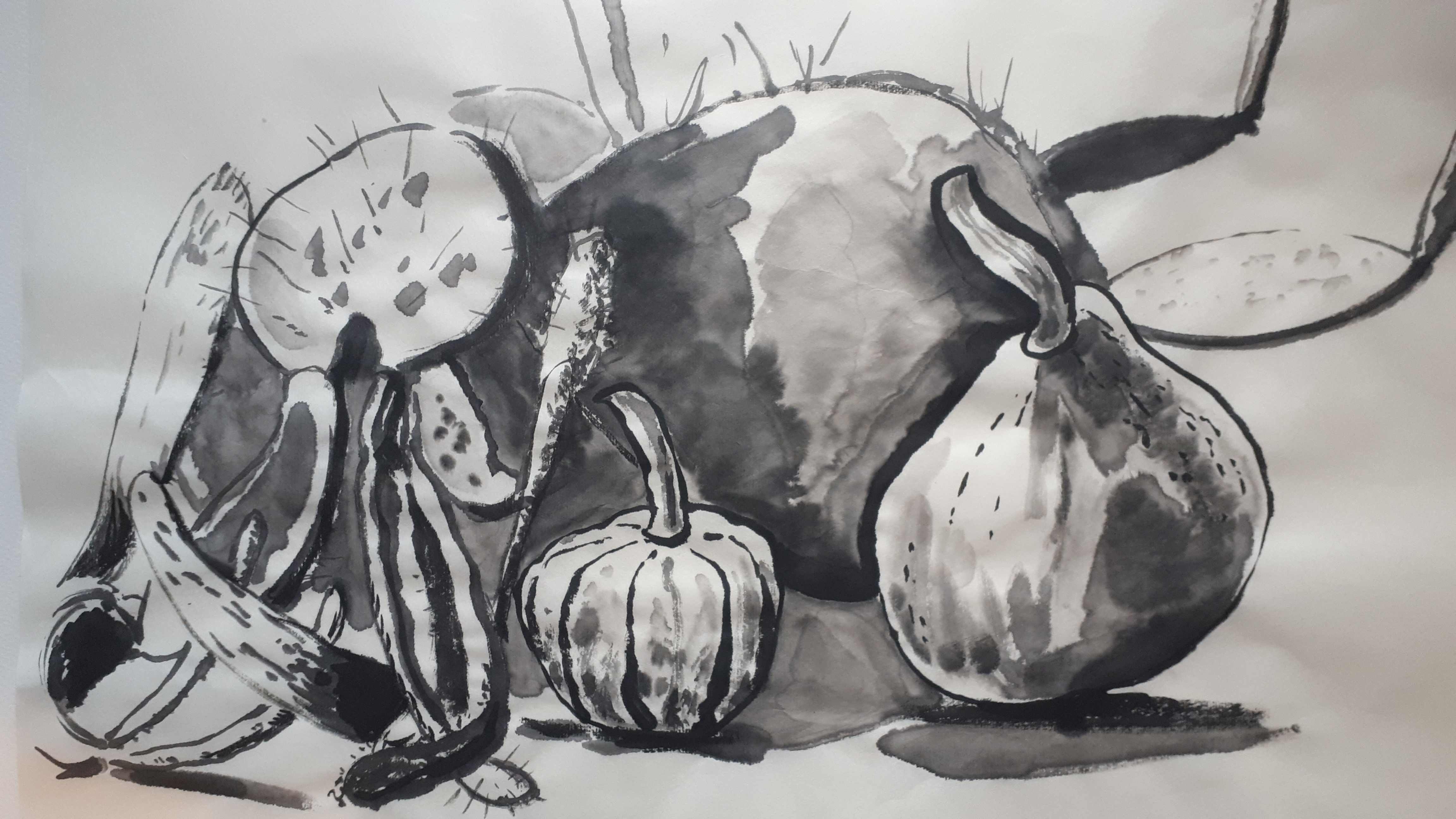 Black and white watercolor illustration of various fruits and vegetables, including a pumpkin, pears, and bananas, arranged artistically.