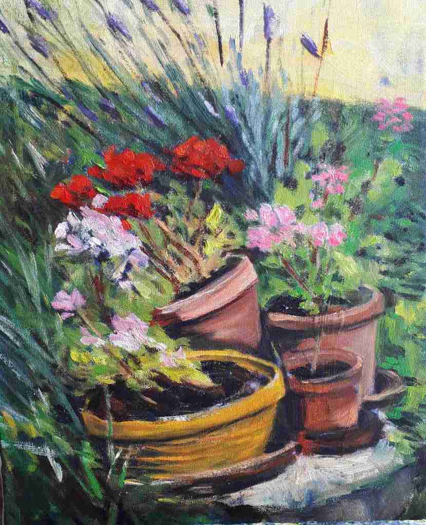 Painting of potted flowers, including red and pink blooms, surrounded by green foliage and lavender plants.