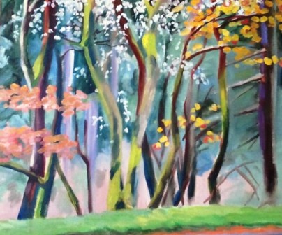 Colorful landscape painting depicting trees with green, orange, and white foliage in a forest setting.
