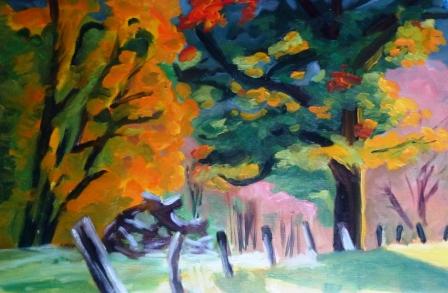 A colorful landscape painting featuring trees with vibrant autumn leaves in shades of orange, yellow, and green, set against a softly blurred background.