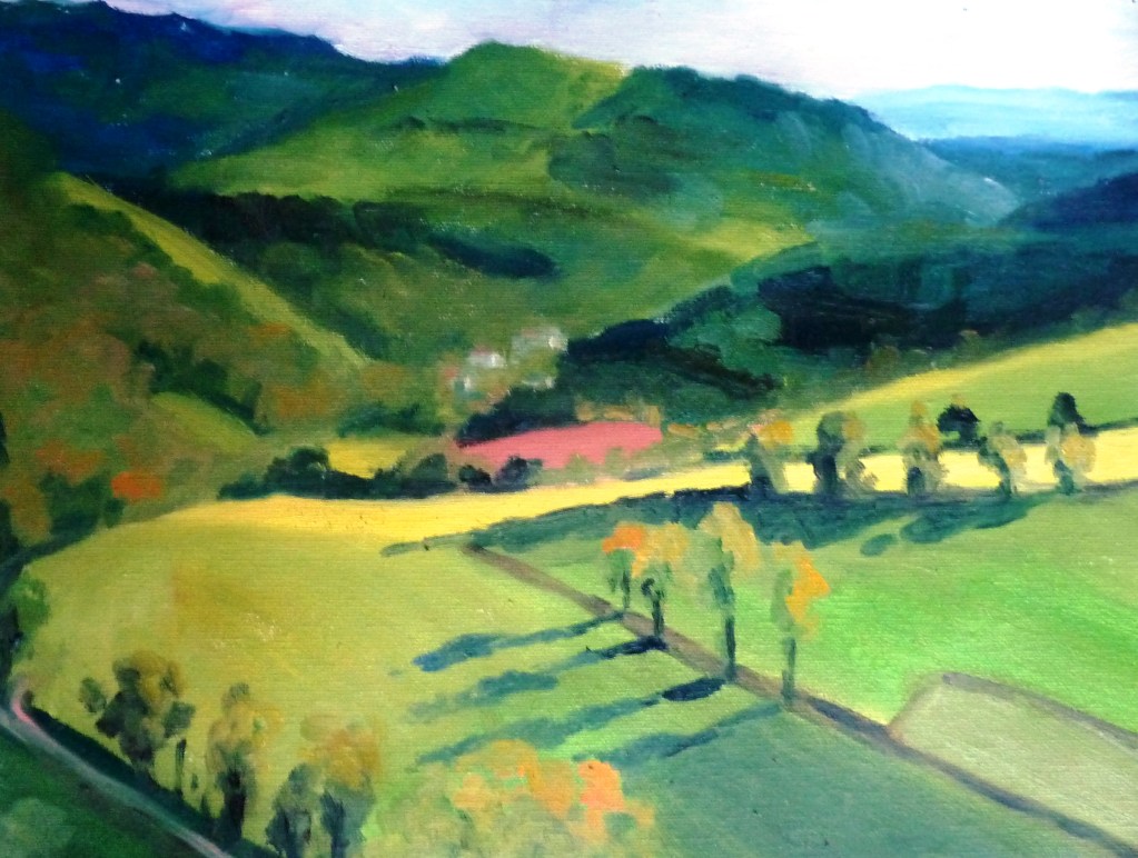 A vibrant landscape painting featuring rolling green hills, dotted with trees and a patch of farmland. The scene captures the natural beauty of the countryside with a warm light illuminating the fields.