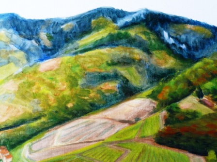 A vibrant landscape painting featuring rolling green hills, terraced fields, and a blue sky.