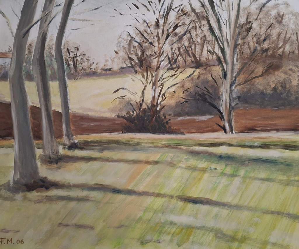 A serene landscape painting featuring bare trees and a grassy field, with soft colors and gentle shadows highlighting the scene.