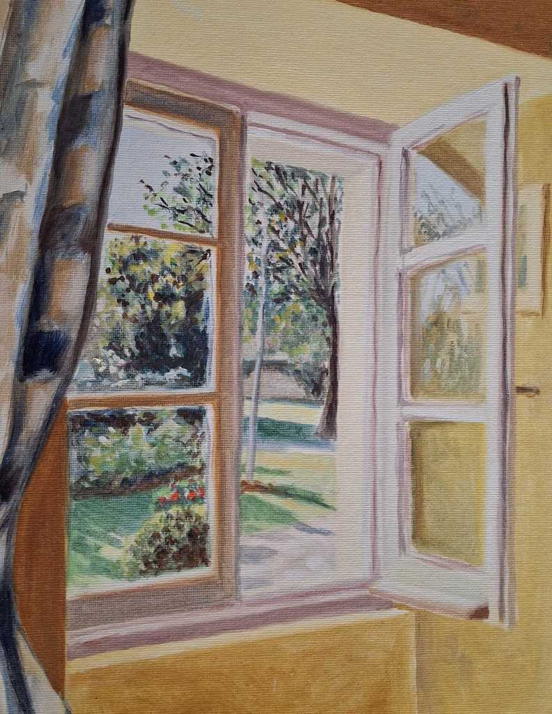 A view of an open window with curtains, showcasing a sunny garden landscape with trees and flowers outside.