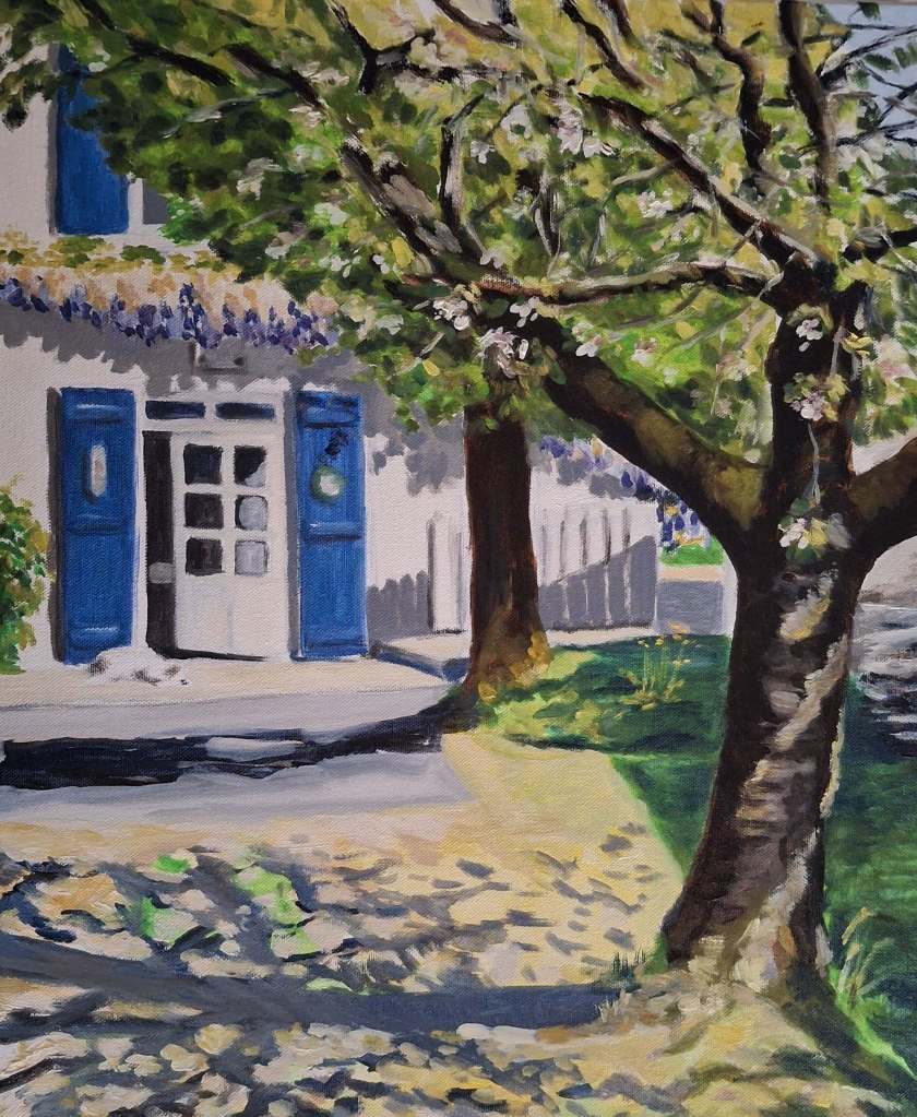 A vibrant painting of a house with blue doors surrounded by a tree and blooming flowers in a sunlit setting.