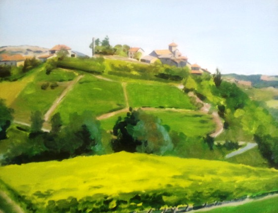 A vibrant landscape painting depicting a hilly region with green fields and a small village on top, featuring several houses and trees under a clear sky.