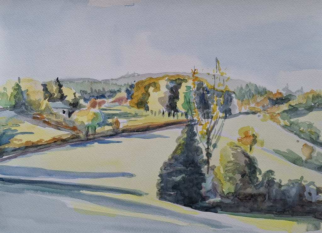 A watercolor painting depicting a serene landscape with rolling hills, trees in various shades of green and yellow, and a soft sky.
