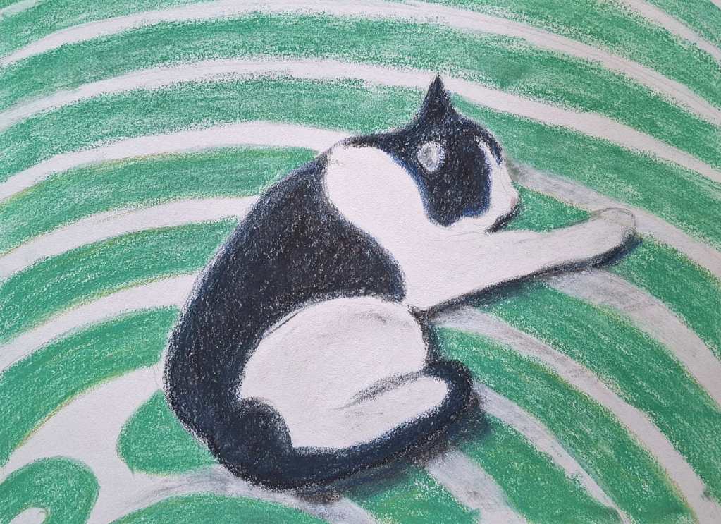 A black and white cat curled up against a textured green background with circular patterns.