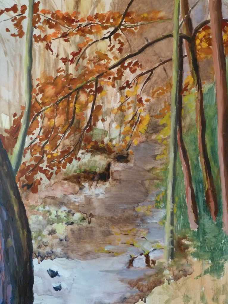 A colorful painting of a serene forest scene featuring trees with autumn leaves, a flowing stream, and a pathway.