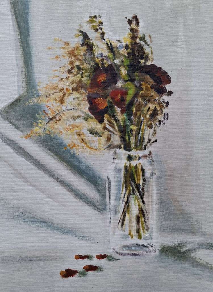 A still life painting of a bouquet of dried flowers in a clear glass vase, positioned on a light-colored surface with soft shadows.