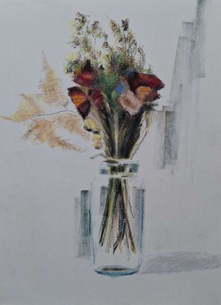 A still life drawing of a bouquet of dried flowers arranged in a glass jar, with soft pastel colors and light shading.