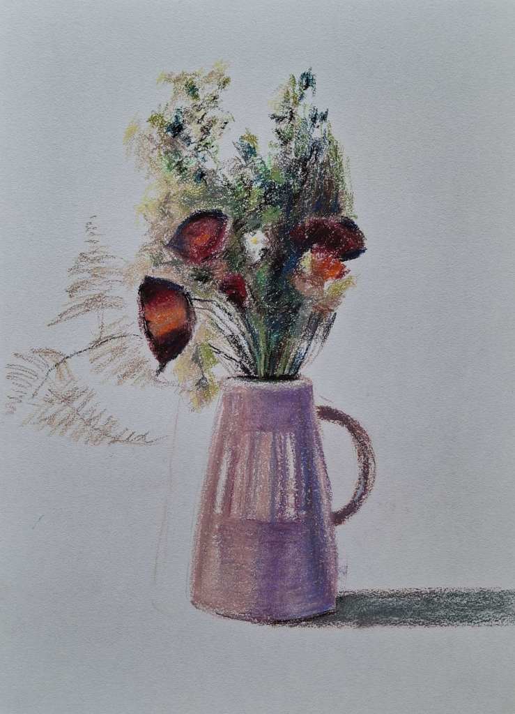 A pastel drawing of a vase filled with colorful flowers, featuring a purple jug with a handle and a soft shadow on a light background.