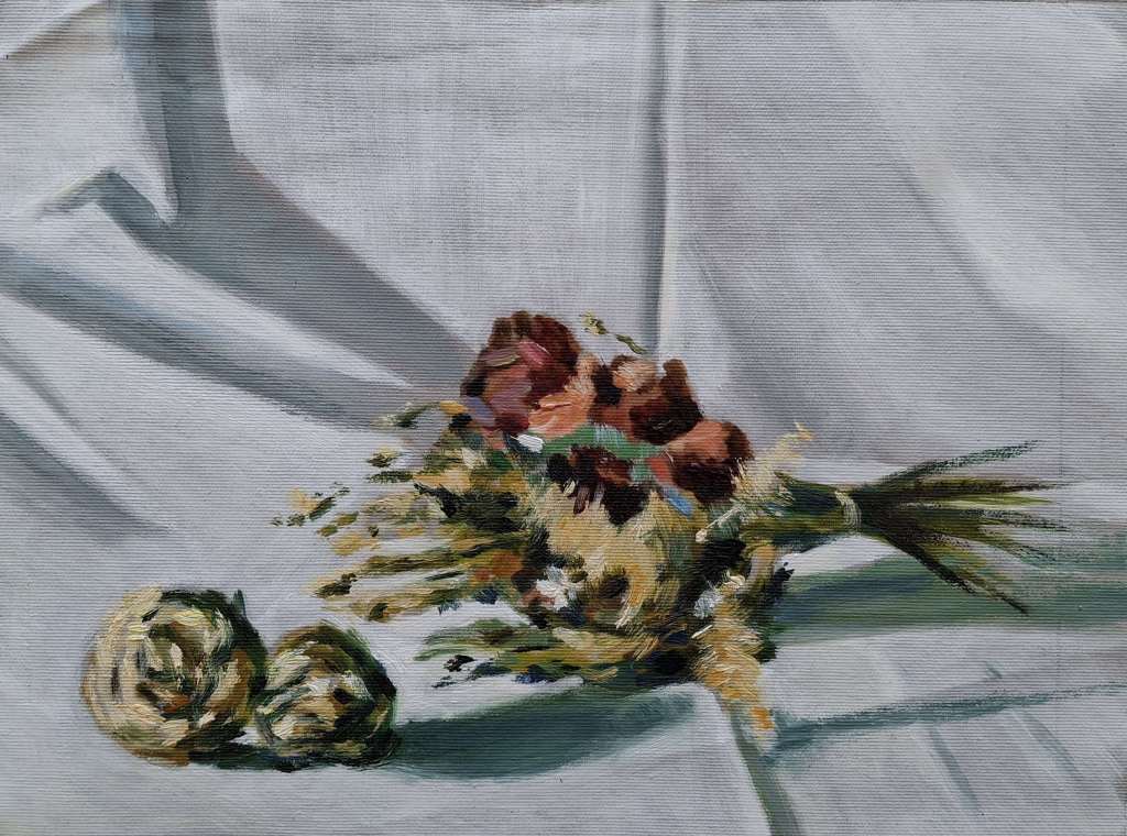 A still life painting featuring a bouquet of dried flowers, including roses and other foliage, arranged on a textured white surface.