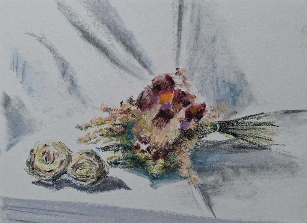 A soft pastel artwork depicting a bouquet of flowers with a few smaller floral arrangements nearby, set against a lightly shaded background.