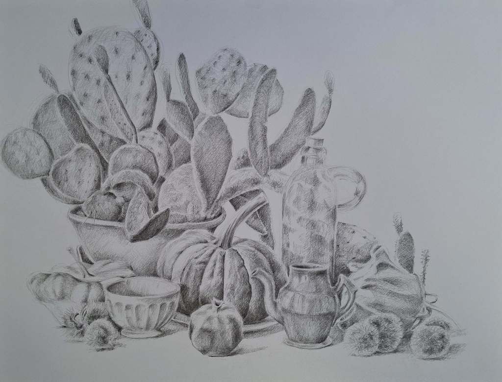 A detailed pencil drawing of a still life featuring various cacti in a bowl, alongside fruits and decorative items like a glass bottle and a small pottery jug.