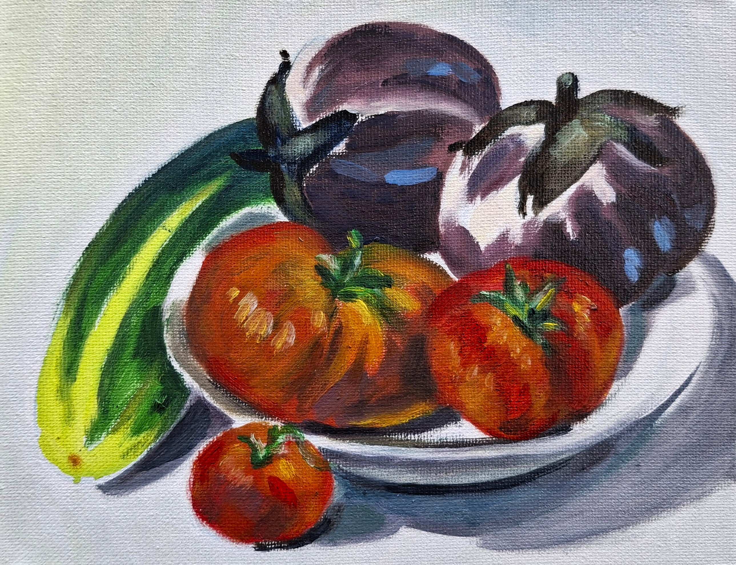 A still life painting featuring a plate of colorful vegetables, including red and orange tomatoes, purple eggplants, and a green zucchini.